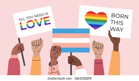 A crowd of people holding lgbtq posters and symbols, transgender and bisexual flag. Human rights, born this way. Vector illustration in flat cartoon style, isolated on pink background. 