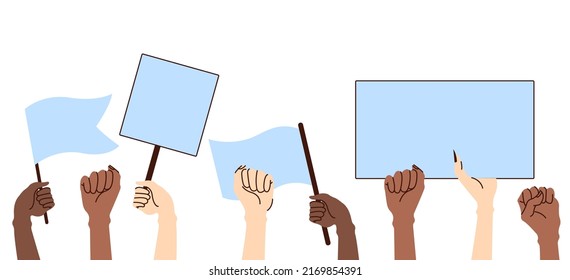 A crowd of people holding posters and flags. Vector illustration in cartoon style on isolated background.