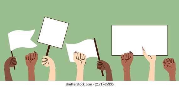 A crowd of people holding posters and flags. Vector illustration in cartoon style on isolated background.