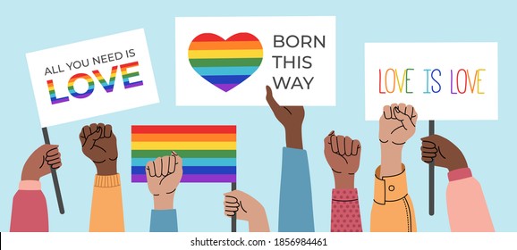 Crowd of people holding posters, signs and flags with LGBT symbols and rainbows, gay parade. Human rights, love is love. Vector illustration in flat cartoon style, isolated on blue background. 