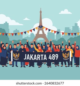 A crowd of people holds a banner celebrating Jakarta's 489th anniversary with the Eiffel Tower in the background.
