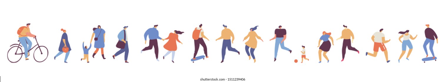 Crowd of people horizontal banner. Various People vector set. Male and female flat characters isolated on white background.	