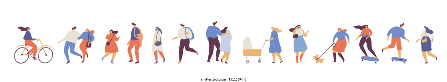 Crowd of people horizontal banner. Various People vector set. Male and female flat characters isolated on white background.	