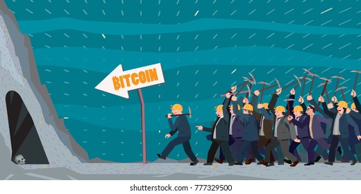 crowd of people hurry to dig out some goodies, bitcoin miners