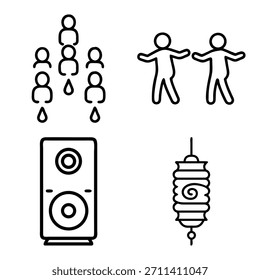  Icono de Personas de la multitud, Icono de baile, Icono de música del altavoz, Linterna colgante Decorative Line Art Vector Pack