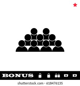 Crowd of people icon flat. Black pictogram on white background. Vector illustration symbol and bonus button open and closed lock, folder, star