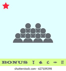 Crowd of people icon flat. Grey pictogram on blue background. Vector illustration symbol and bonus buttons medal, cow, earth, eye, calculator