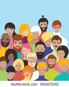 Crowd of people illustration. Crowded group of men, women various nationalities. Vector in flat style.