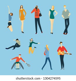 Crowd of people isolated on blue background. Large group of men and women performing outdoor activities. Flat cartoon characters wearing different clothing.