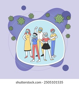 Crowd of people isolated from virus. Men and women wearing protective mask, staying in bubble surrounded by coronavirus. Vector illustration for isolation, quarantine, human protection concept
