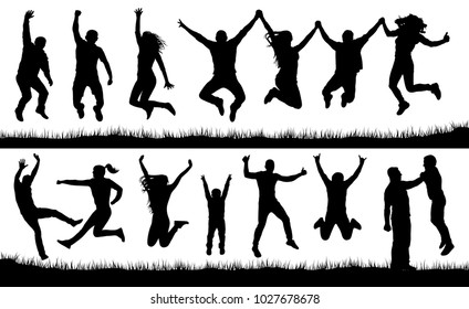 Crowd of people jumping, friends man and woman set. Cheerful girl and boy silhouette vector collection