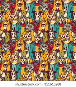 Crowd people like cats and dogs seamless pattern. Big group of pets looking like people. Seamless pattern. Color vector illustration. EPS8