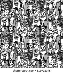 Crowd people like cats and dogs seamless pattern. Big group of pets looking like people. Seamless pattern. Monochrome vector illustration. EPS8