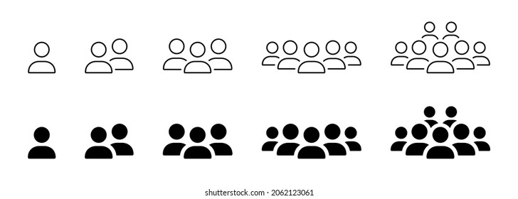 Crowd of People Line and Silhouette Icons. Human Social Group Outline Pictogram. Persons Symbol Business Team. People Partnership and Leadership Concept. Isolated Vector Illustration.