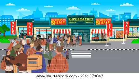 A crowd of people lining up outside a supermarket with sale signs under a blue sky. Ideal for retail sale promotions, customer behavior analysis, urban lifestyle, festive shopping events, crowd