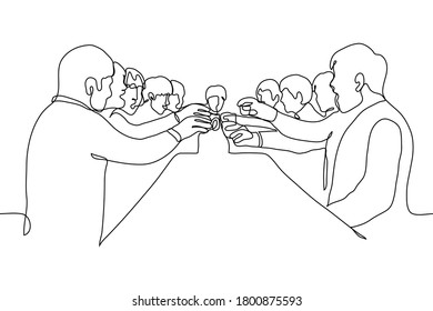 crowd of people at a long table are holding out glasses of alcoholic drink (alcohol) to clink glasses. One continuous line drawing concept of celebration, glee, celebrate a deal