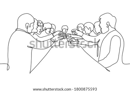 crowd of people at a long table are holding out glasses of alcoholic drink (alcohol) to clink glasses. One continuous line drawing concept of celebration, glee, celebrate a deal