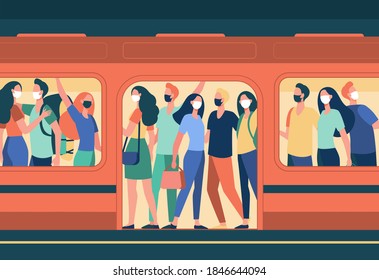 Crowd of people in masks standing in subway train. Public transport, passengers, commuters flat vector illustration. Covid, epidemic, protection concept for banner, website design or landing web page