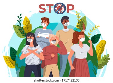 Crowd of people in medical masks call to fight with virus standing at earth background. Concept of coronavirus world spreading. People show stop gesture, protesting against virus, crossed out sign