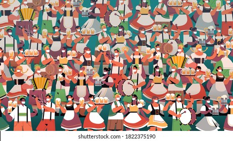 crowd of people in medical masks drinking beer Oktoberfest party celebration coronavirus quarantine concept mix race men women having fun horizontal portrait vector illustration