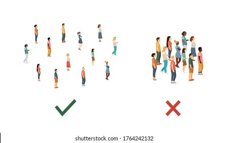 Crowd of people in medical masks at a safe distance or no distance. flat vector illustration