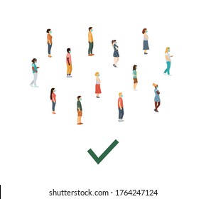 Crowd of people in medical masks at a safe distance. flat vector illustration