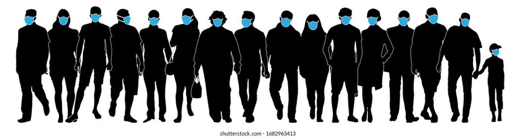 Crowd Of People In Medical Masks. Silhouette Vector Illustration