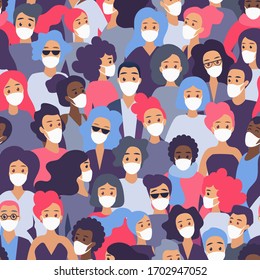 Crowd of people in medical protective face mask seamless pattern flat vector illustration. Protecting from the corona virus novel coronavirus 2019-nCoV concept. Quarantine time.