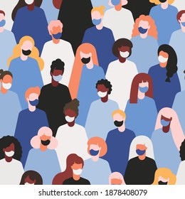 Crowd of people in medical protective face mask seamless pattern.Concept of coronavirus lockdown quarantine.people in white medical face mask - pattern for web banner, poster or social media,stories