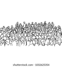 crowd people in meeting slope room vector illustration sketch hand drawn with black lines, isolated on white background