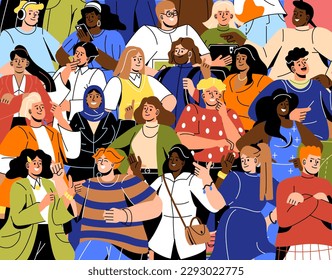 Crowd of people. Men and women of different nationalities, cultures and ethnic groups stand side by side. Equality and tolerance, international communication. Cartoon flat vector illustration