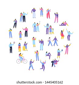 Crowd of people. Men and women flat vector set. Different walking and running people. Outdoor. Male and female. Flat vector characters isolated on white background.	
