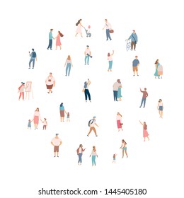 Crowd of people. Men and women flat vector set. Different walking and running people. Outdoor. Male and female. Flat vector characters isolated on white background.	
