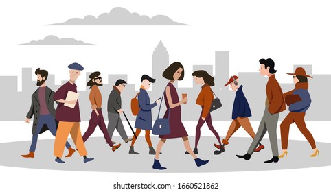 A Crowd Of People, Men And Women Going About Their Business Against The Backdrop Of The City Landscape. Vector Flat Illustration.