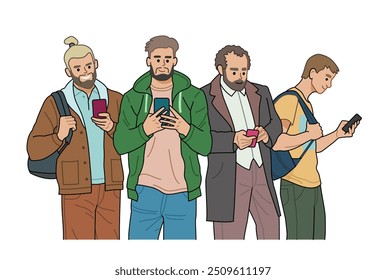 A crowd of people (mens) using, holding smart phone in hands. Happy cartoon characters scrolling social networks, communicate in messengers. Vector flat graphic illustration.