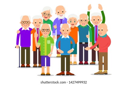 Crowd people old. Elderly couple standing and smiling. Retirement teamwork concept. Friendship, family communication. Happy couple travel together. Modern flat illustration on white backdrop.
