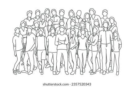 Multitud de personas mayores y jóvenes con diferente estatus social. Ilustración vectorial dibujada a mano. Blanco y negro.