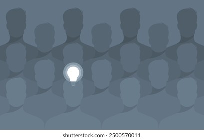 A crowd of people and an on light bulb above one of them. Flat vector illustration