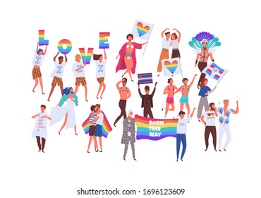 Crowd of people on pride parade isolated on white background. Lgbtq activists in costumes at demonstration, marche. Group of people holding pride symbols. Vector illustration in flat cartoon style