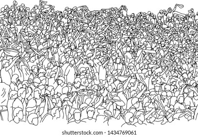 crowd of people on stadium cheering soccer with scarf vector illustration sketch doodle hand drawn with black lines isolated on white background