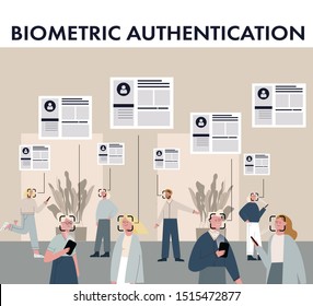 Crowd of people on the street recognized by face authentication technology. Information about everyone. Flat vector illustration