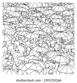 crowd people on street with umbrella vector illustration sketch doodle hand drawn with black lines isolated on white background