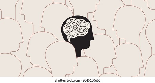 Crowd of people, only one with visible brain. Reflection on oneself and the surroundings. Concept of anonymous and consumer world. Seamless pattern, vector illustration