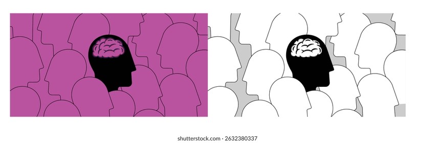Multidão de pessoas, só uma com cérebro visível. Reflexão sobre si mesmo e os arredores. ilustração vetorial