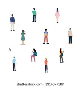 Crowd of people outdoor activities with bird.people standing or waiting on white background. Group of male and female flat cartoon characters isolated on white background.people set Vector