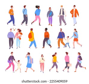 Crowd people outdoor walking. Walks adult or young persons in city, stylish guys girls family active child student walk to university, couple woman man vector illustration of female young character