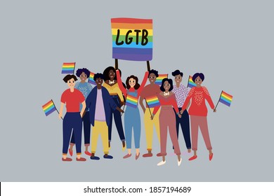 A crowd of people, participants of the LGBT parade. People at a street demonstration for Gay and Lesbian rights. A group of men, women, bisexuals, and transgender people. Juicy vector illustration in