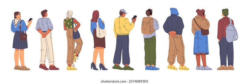 Crowd of people, patient personages waiting in line. Vector in flat style, isolated character, queue waiting for customer service or entrance. Tourists in group queuing ready for admission