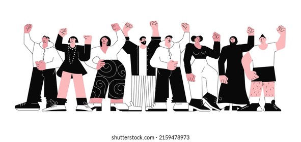 Multitud de personas en una manifestación pacífica. Deportes, multitudes, fans. Manifestación, manifestación, protesta, huelga o revolución aislada en un contexto blanco. Ilustración de Vector de arte plano