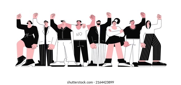 Crowd of people in a peaceful demonstration. Sports, mob, fans. Demonstration, manifestation, protest, strike or revolution isolated on white background. Flat Art Vector illustration